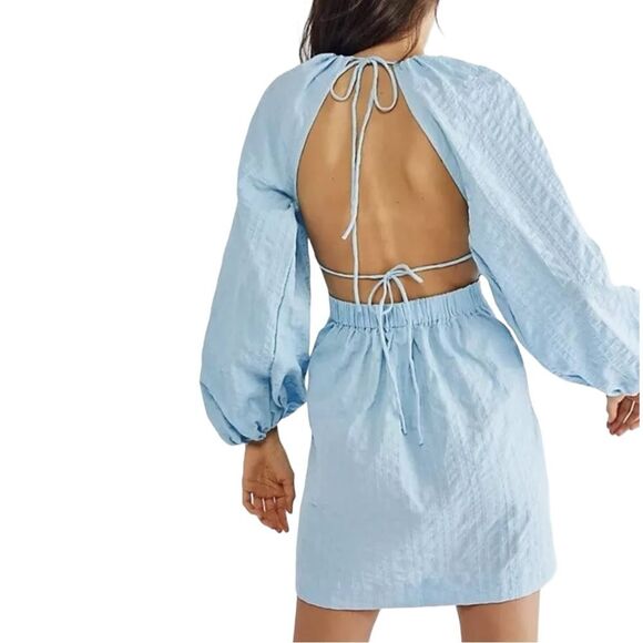 NWT Free People Endless Summer Puff Sleeve Open Back Mini Dress Blue Size Large - Picture 5 of 13